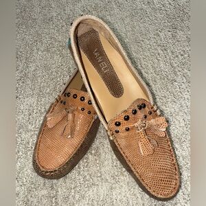 Vaneli Women's Tan Stuffed Tassel Loafers with Teal and Orange Accents Size 8N